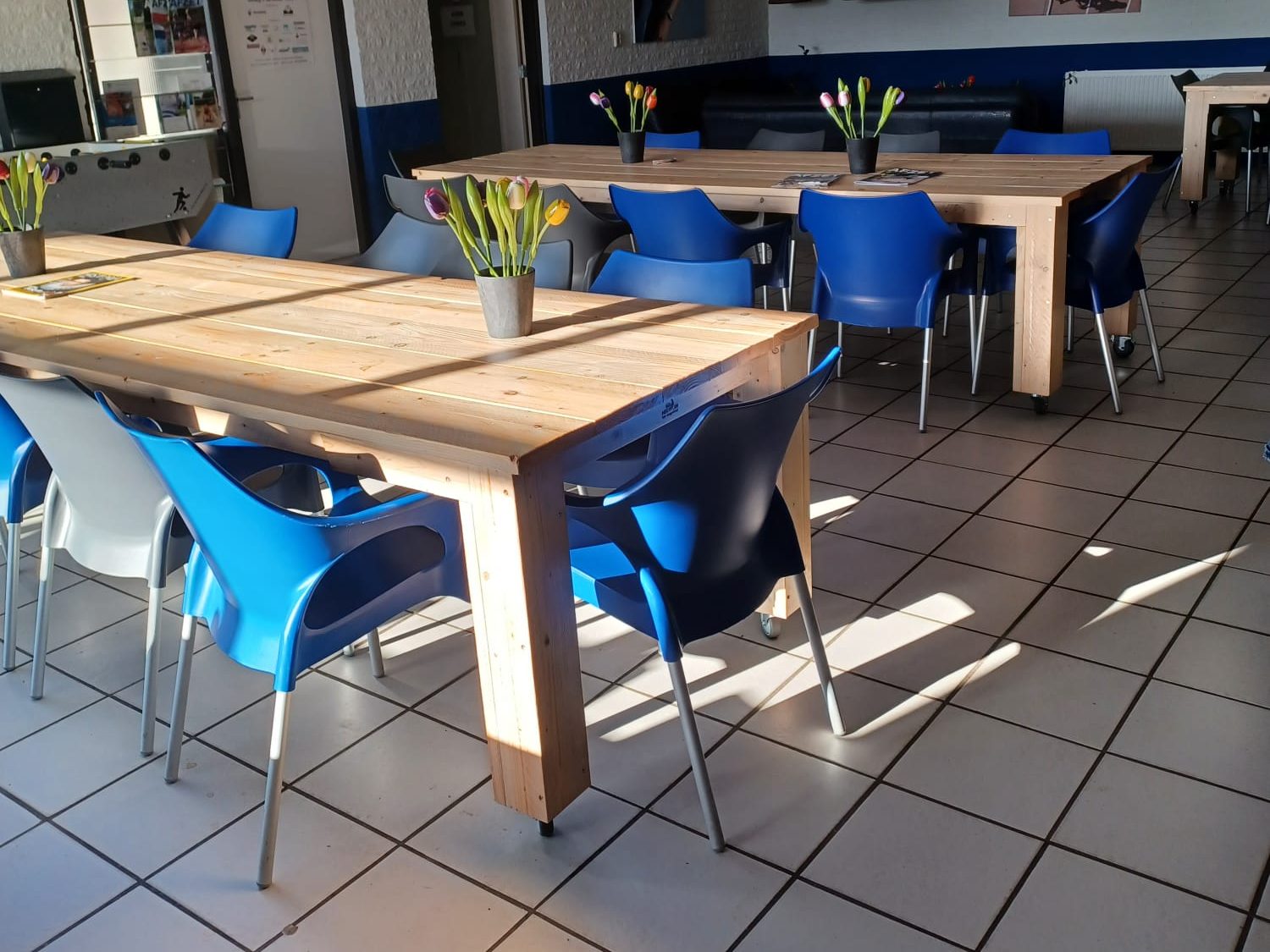 Steigerhouten tafels in kantine vereniging verrijdbaar Twee lange houten tafels met blauwe en grijze stoelen in een lichte ruimte.